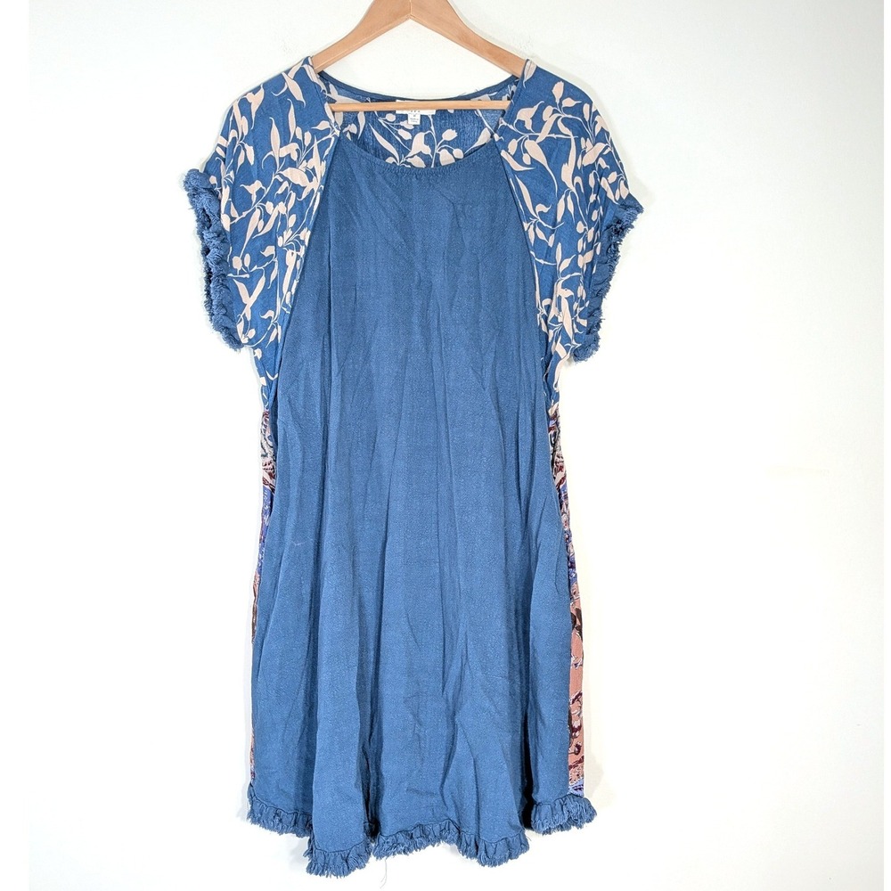 Umgee Blue Paisley Tunic Dress; Linen Blend Fringed Boho Mini